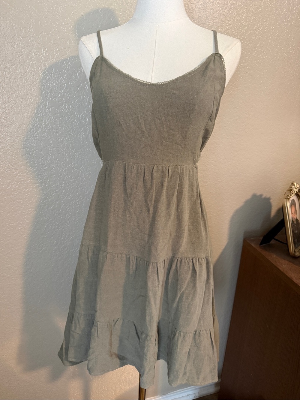 Alrar'd State Spaghetti Strap Tiered Dress in Olive Green